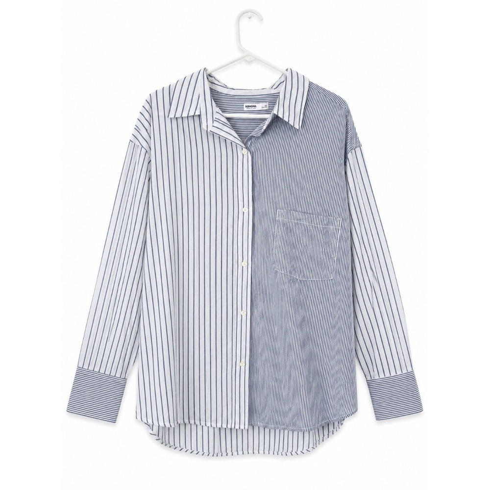 Sonoma Womens Plus 3X Mixed Stripe Button Down Shirt Blouse Blue White